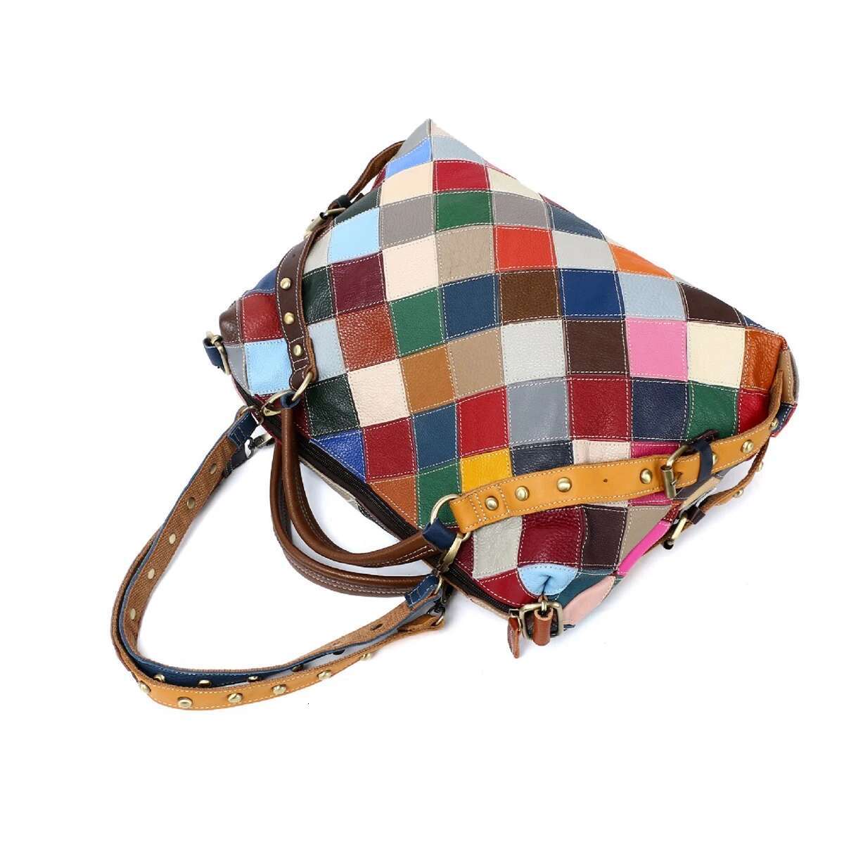 2025 New Vintage Genuine Leather Handbag Women - Colorful Plaid Handmade Ethnic Style Spacious Tote Bag For Daily & Travel