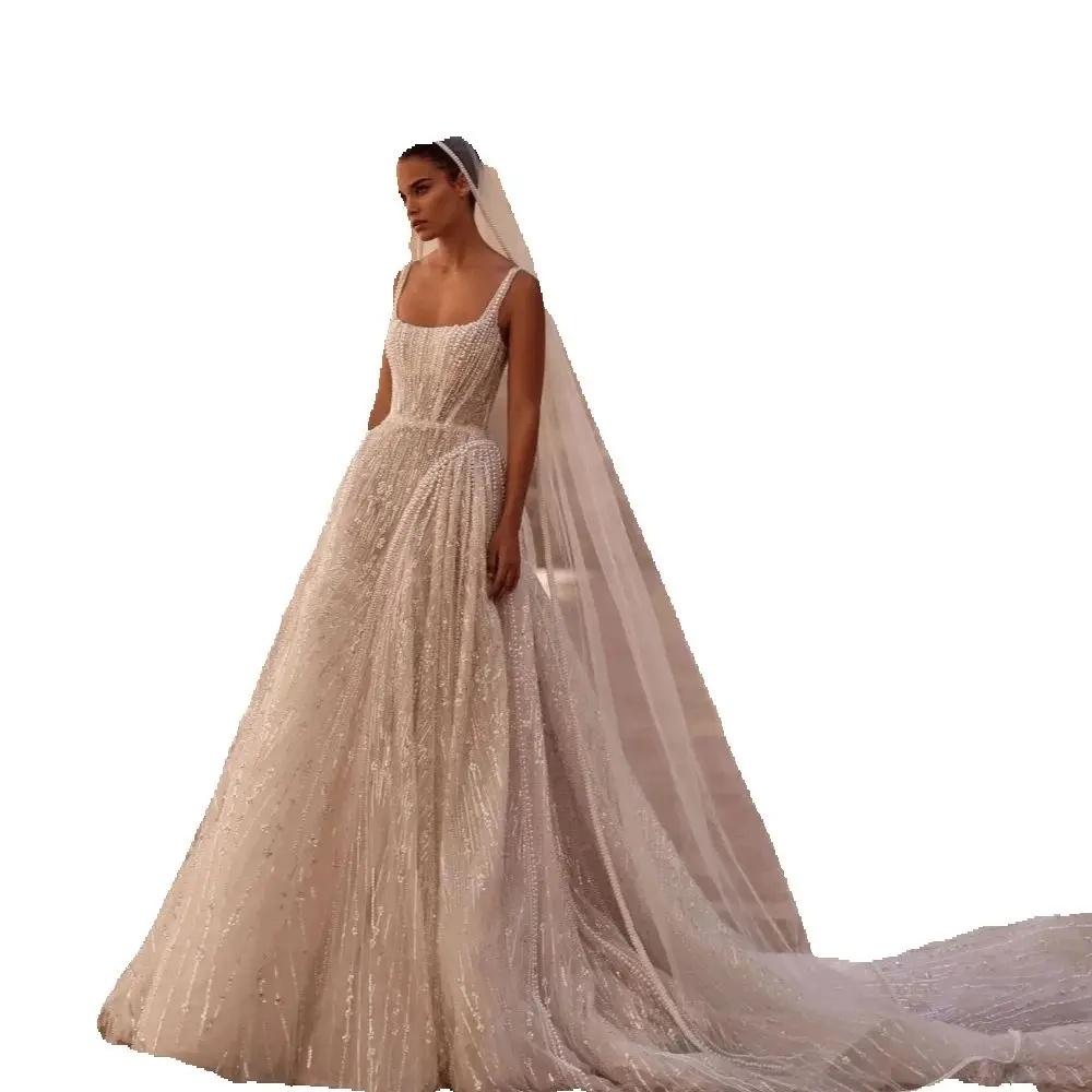 Royal Pearls Square Neck Wedding Dress Elegant A Line Bridal Gown Customized Stunning Sequined Lace Bride Women Wear