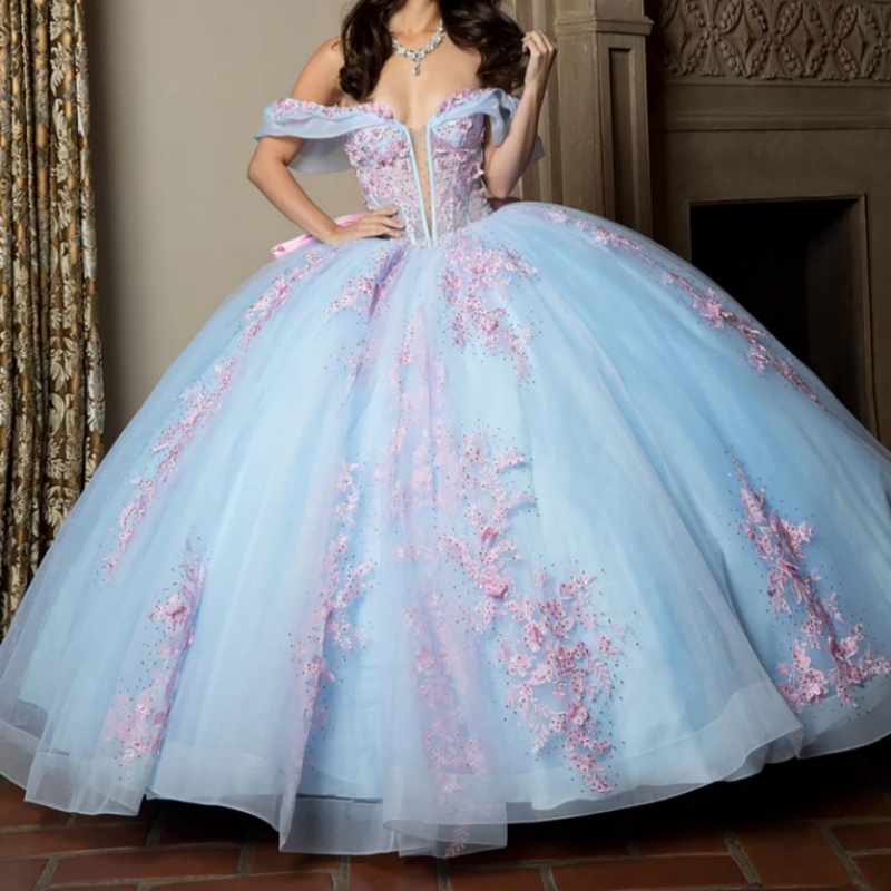 Sky Blue Quinceanera Dresses Off Shoulder Ball Gown Sweet 16 Dress Applique Bow Beads Tull Corset Birthday Party Vestidos 15 De Anos