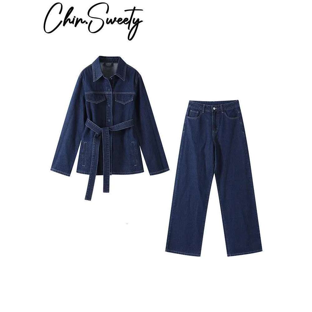 Vintage Belt Denim Jacket Pants Set Women Lapel Single Breasted Jackets High Waist Straight Pant 2025 Spring Lady New Outfit