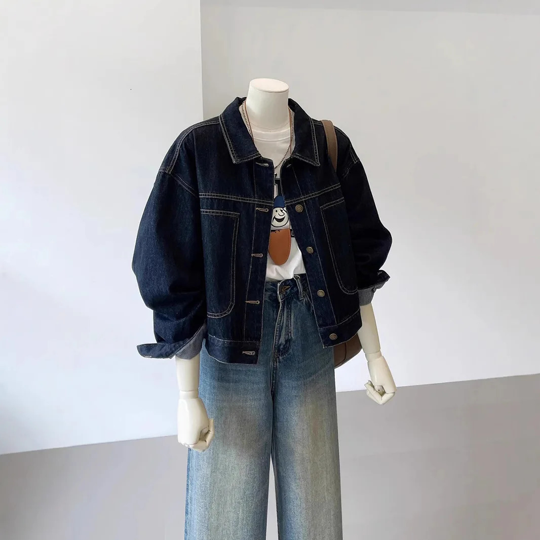 Navy Blue Short Denim Jacket for Womens Work Style SpringSummer Korean Casual Pocket n Feels Thin Shirt 250407