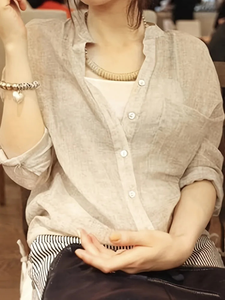 Elegant Feminine Shirts Cotton Linen Large Size Blouses Fashion Woman Vintage Blouses Summer Korean Style Clothes 250408