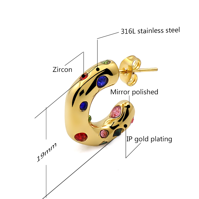 Classic 18K Wedding Stainless Steel Rhinestone Crystal Irregular Geometric C Shape Stud Earrings Zircon Earring for Women