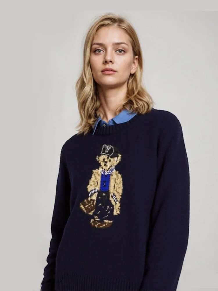2024 Autumn Winter Women's Jacquard Bear Knit Pullover Sweater High Quality Women Vintage Round Neck Long Sleeve Knitwear Tops
