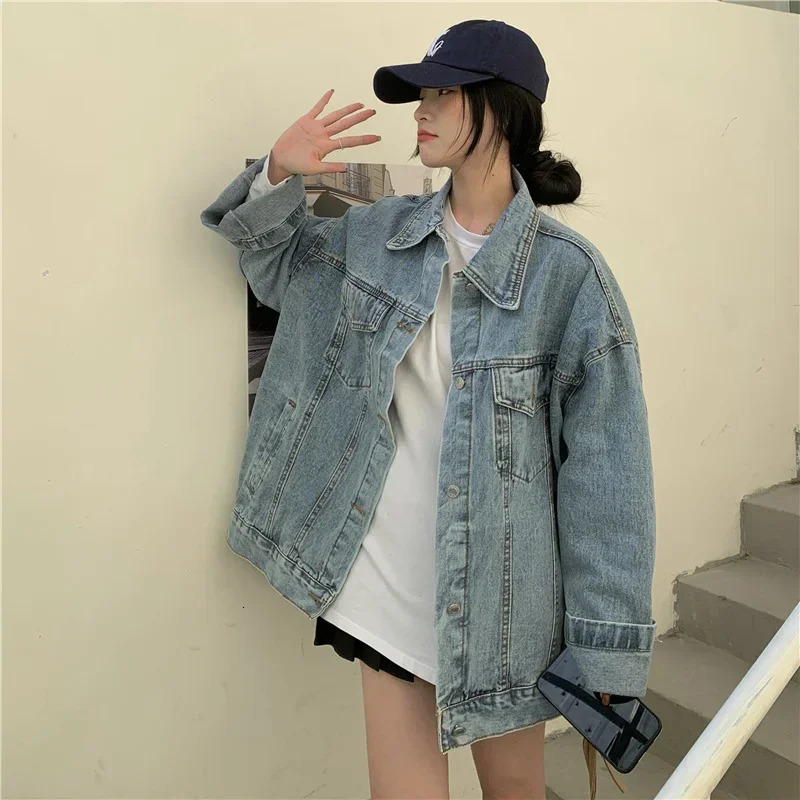 High Street Fashion oversized denim jacket for women Korean loose long sleeved button down item 250407
