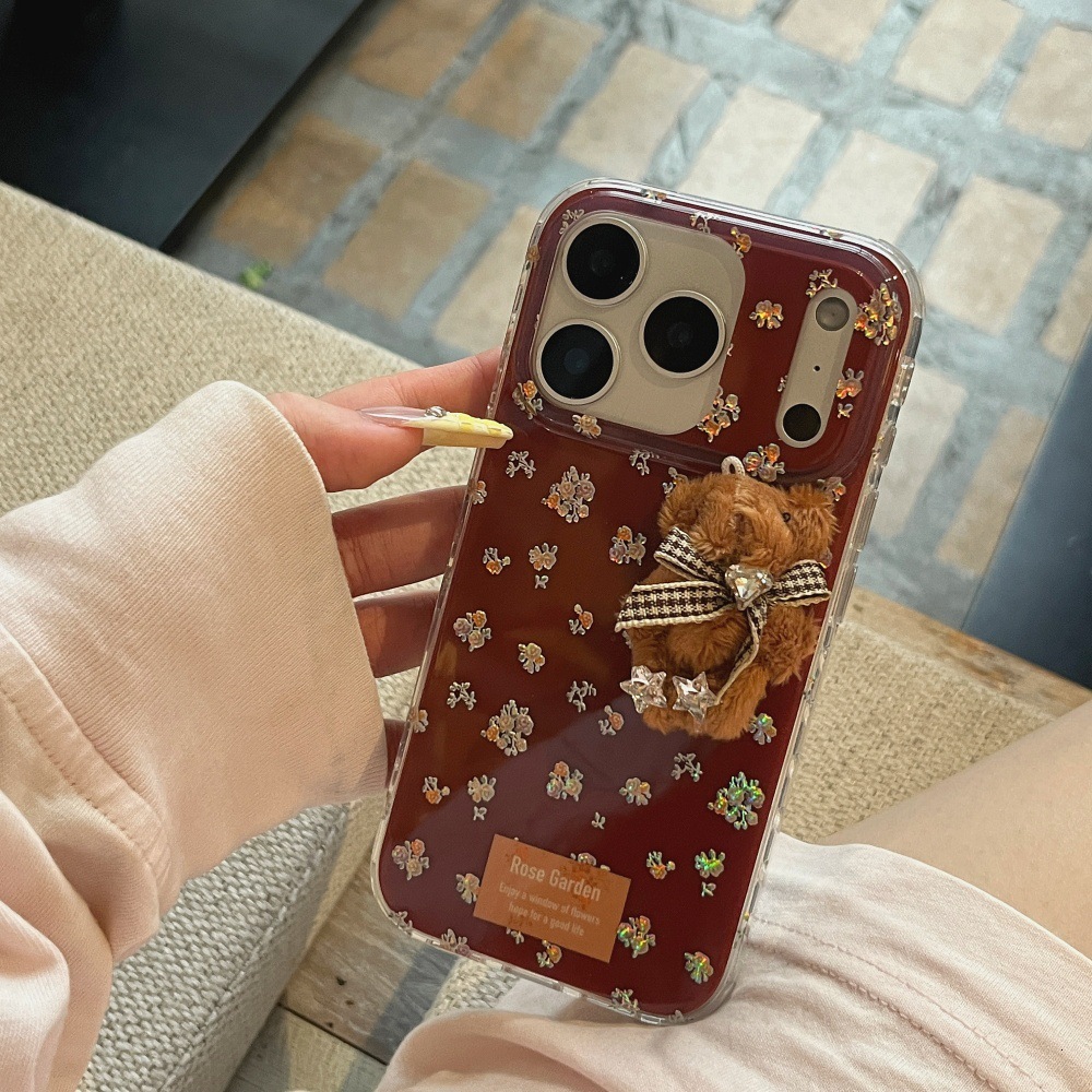 Floral Bear Phone Case Compatible with iPhone 17/16 Pro Max Cartoon Pendant Case 15/14 Pro