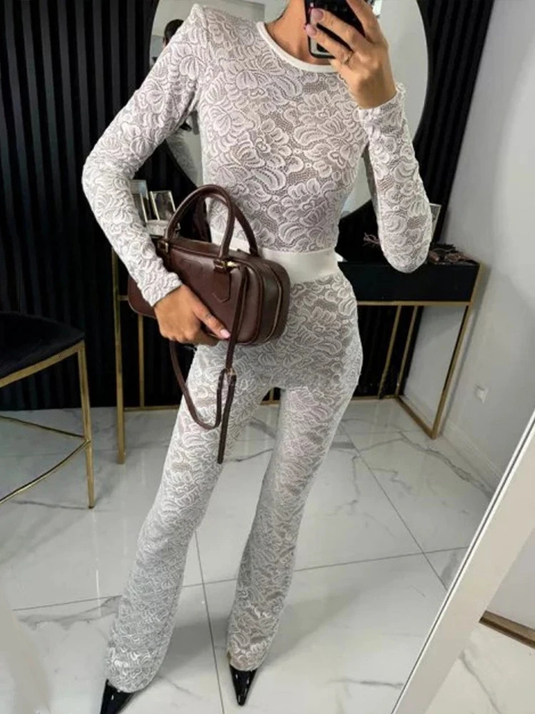 Mozision Lace Print Long Sleeve Jumpsuits Women Overalls Fashion Autumn Winter Two Layer O Neck Slim Fit Sexy Jumpsuits 250407