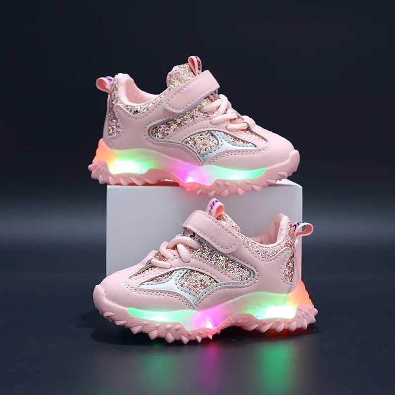Childrens spring and autumn luminous sports shoes boys fashion sequins childrens casual shoes LED lights girls sports shoes W250407