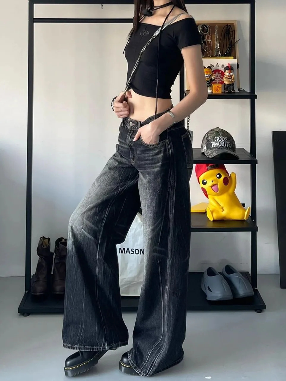 Home>Products>American Womens High Waist Wide Leg Jeans>Fashionable Loose Pocket Jeans>Y2K 2000s Trousers 250407