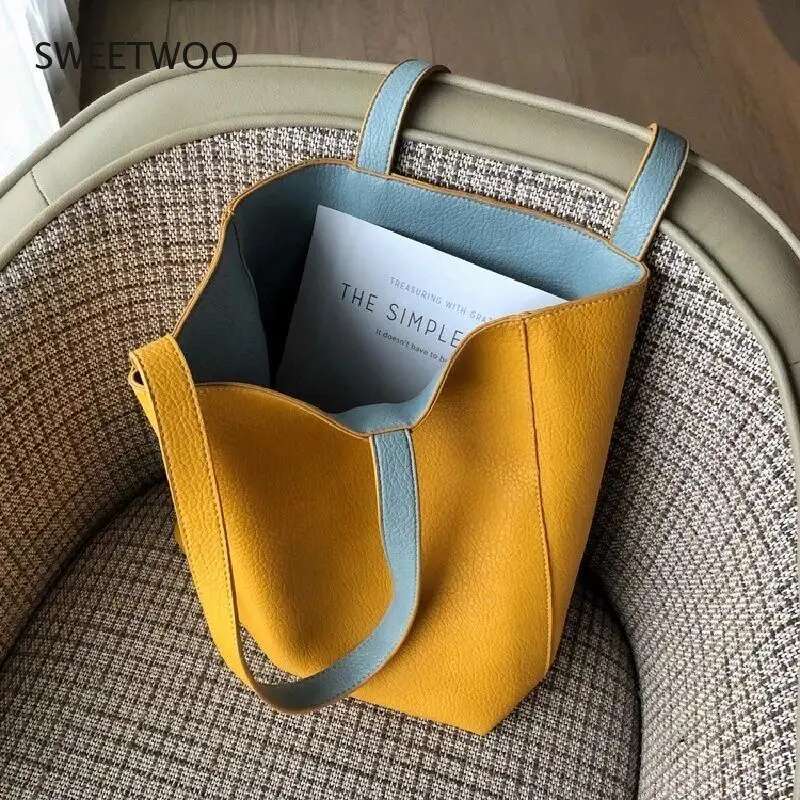 PU Leather Ladies Novelty Design Shoulder For Women Double Side Color Student Book Shopping Bag Large Capacity Tote Handbag