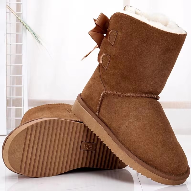 Designer shoes high quality genuine cowhide boots with double bow and warm outdoor snow boots for woman size 34-43