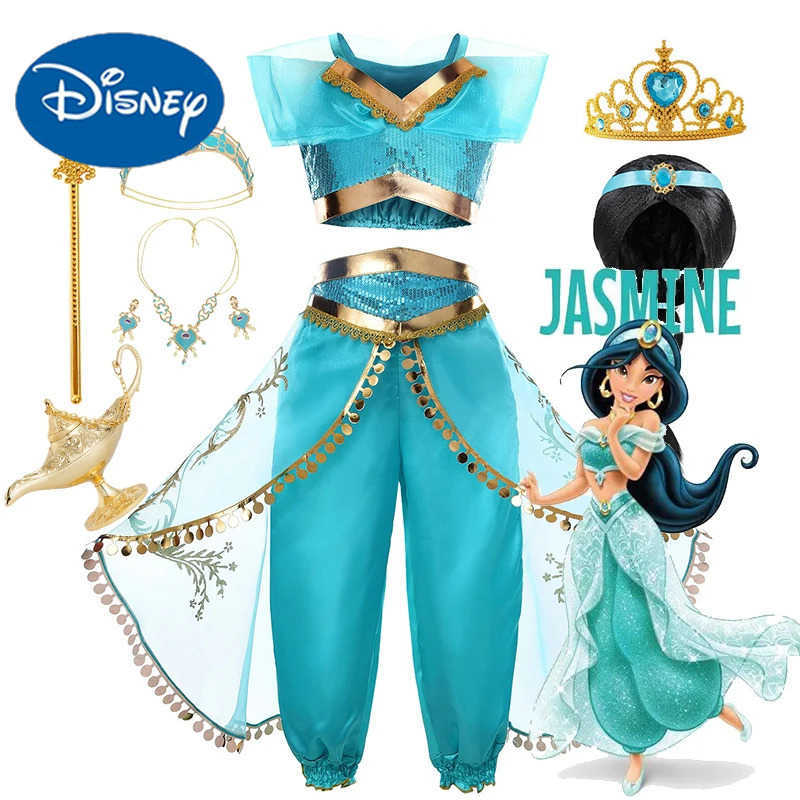Disney Baby Girls Cosplay Jasmine Costume Aladdin Princess Dress Kids Magic Lamp Fancy Birthday Party Dresses Jasmine Clothes X2504081