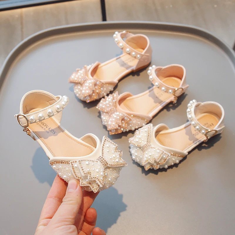 Childrens Bow Beaded Fashion Sandals Girls Round Head Princess Shoes Students Sweet Flat Dress Shoes Birthday Party Shoes 23-30 250408