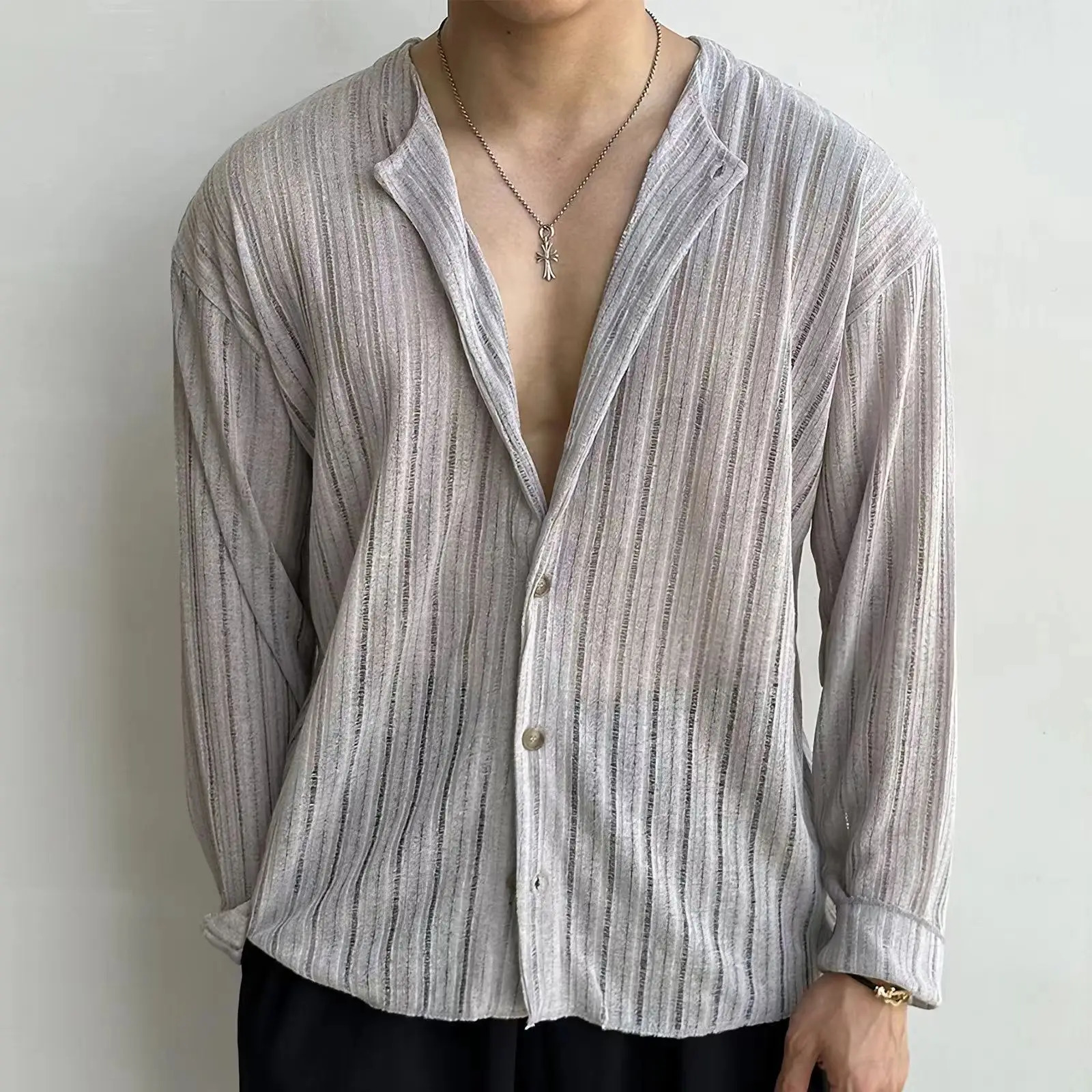 Large Size Mens Shirt V-neck Sexy Knitted Cardigan Solid Color Long Sleeve Hollow POLO Shirt Male Top 250407