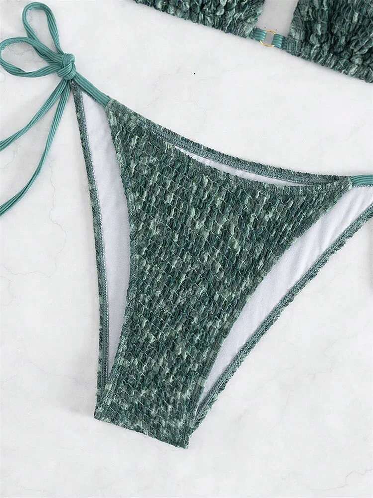 Dongdumaoyi Sexy Green Piece Bikinis Sets Women Halter Metal Stap Push Up Swimsuit Summer Lace Beach Bathing Suit Thong Swimwear