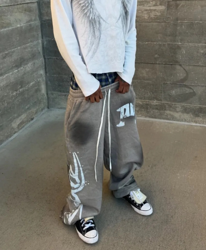 American Street Hip Hop Pants Y2K Alphabet Printing Mens and Womens Couple Drawstring Straight Casual Loose 250403
