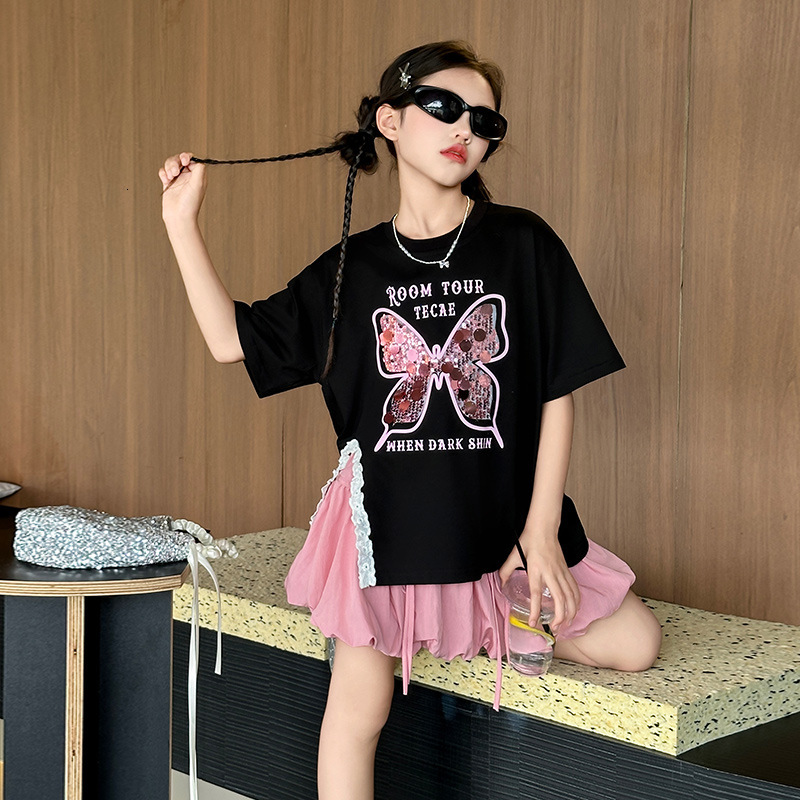 Ddmyshoesvip Summer Mid To Large Girls Short Sleeved New Clothing Children S Girls Butterfly Loose Korean Style Trendy T Shirt With Split