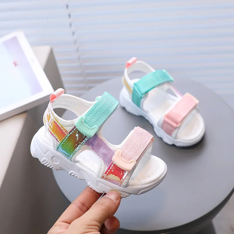 Summer Children Sport Sandals Breathable Mesh Soft Bottom Baby Girls Boys Shoes Colorful Reflective PU Leather Shoes Kids G04243 250407