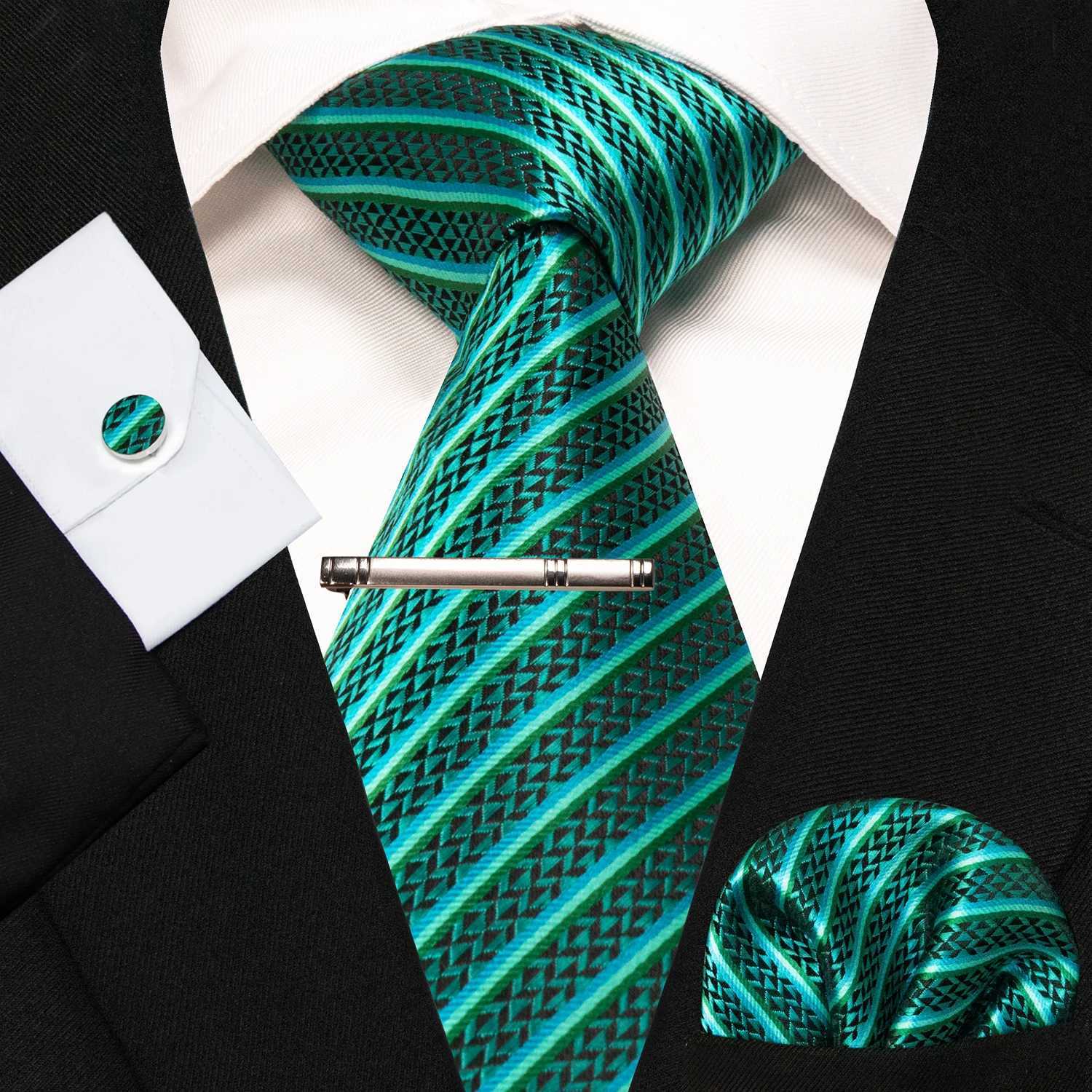 8cm Silk Mens Ties Green Black Ties plaid stripe NeckTie Pocket Square Cufflinks Tie clips Set Mens Wedding business Party Tie X250407