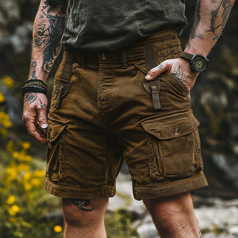 Trendy Loose Mens Straight Shorts Summer Casual Solid Color Corduroy Fashion Patch Work Pocket 250403