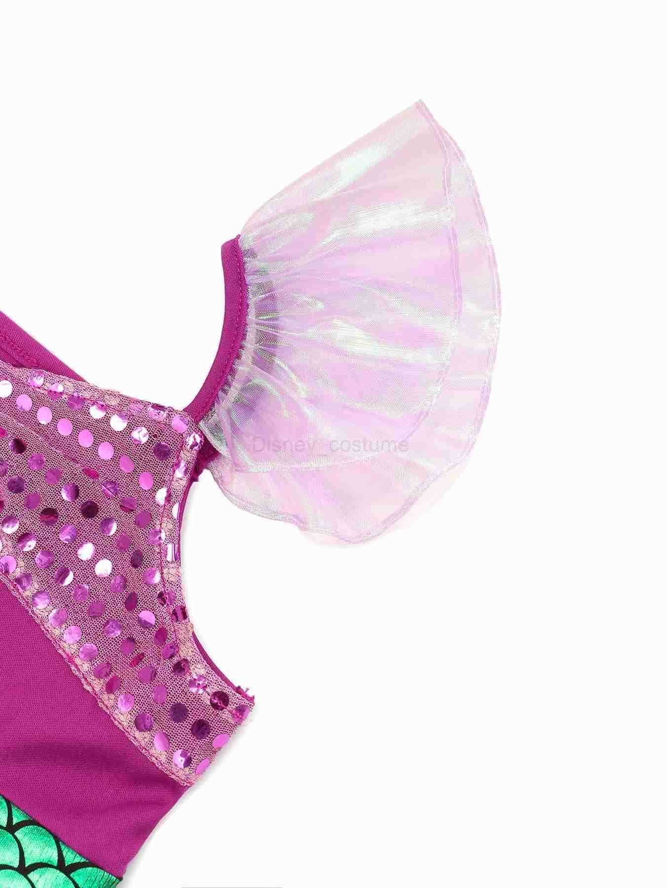 Disney Kids Girl One Piece Princess Mermaid Dress Summer Flying Sleeve Printed Casual Outfits Patchwork Vestido 2-8Y Children Clothing X250408