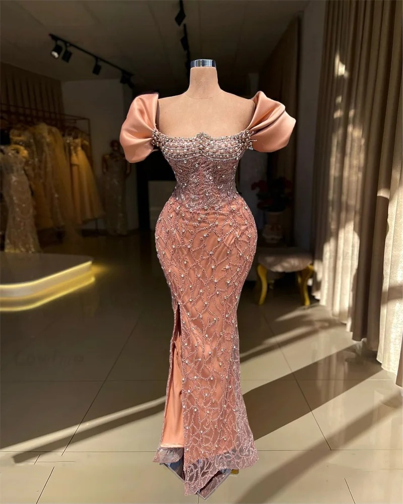 Fashion Evening Dresses Off Shoulder Strapless Gown Pearls Crystal Beaded Sweep Train Dress Party Customized Dress