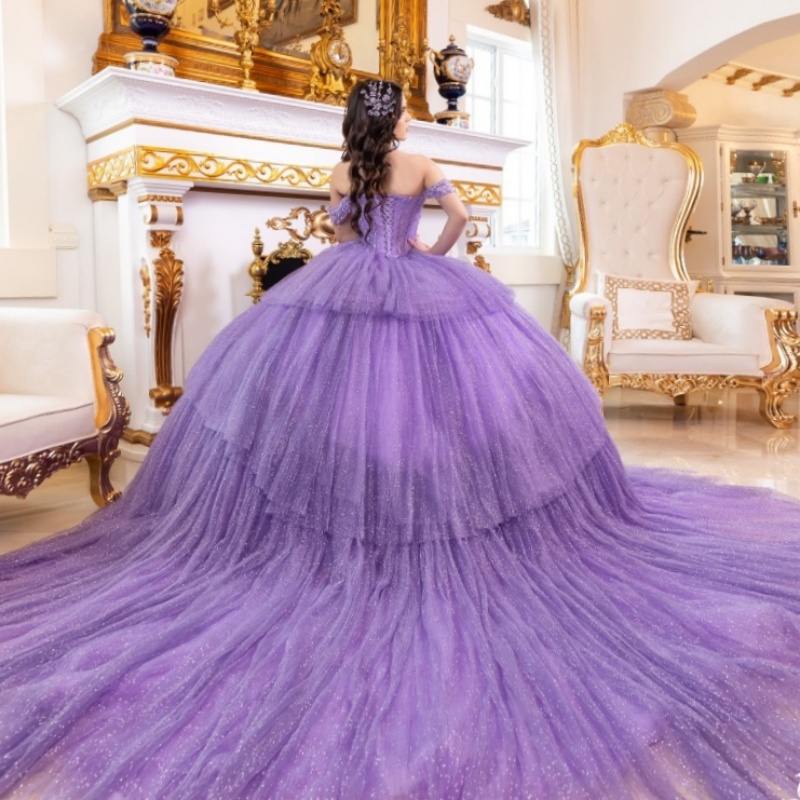 Purple Shiny Princess Quinceanera Dresses Off Shoulder Beading Crystal Tull Sweet 16 Dress Ball Gown Vestidos 15 De Anos