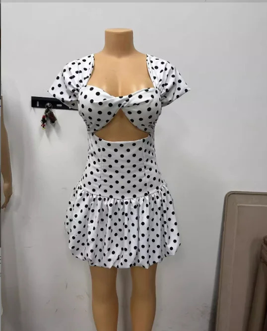 CM.YAYA Women Dot Printed Draped Big Swing Waist Dress 2025 Short Sleeve Evening Sexy Club Party Evening High Street Dresses 250407