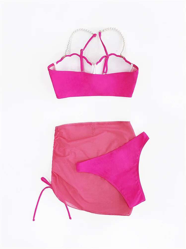 Dongdumaoyi Pearls Straps Shell Underwire Bikini Set Women Hot Pink Push Up Pleate Skirt Pcs Swimsuit Bathing Suit High Waist Swimwear