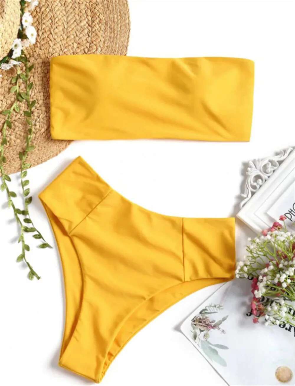 Dongdumaoyi Bandeau Bikini Women Solid Yellow Push Up Off Shoulder Swimwear Female Bathers Bathing Suit High Waist Swimsuit Biquini