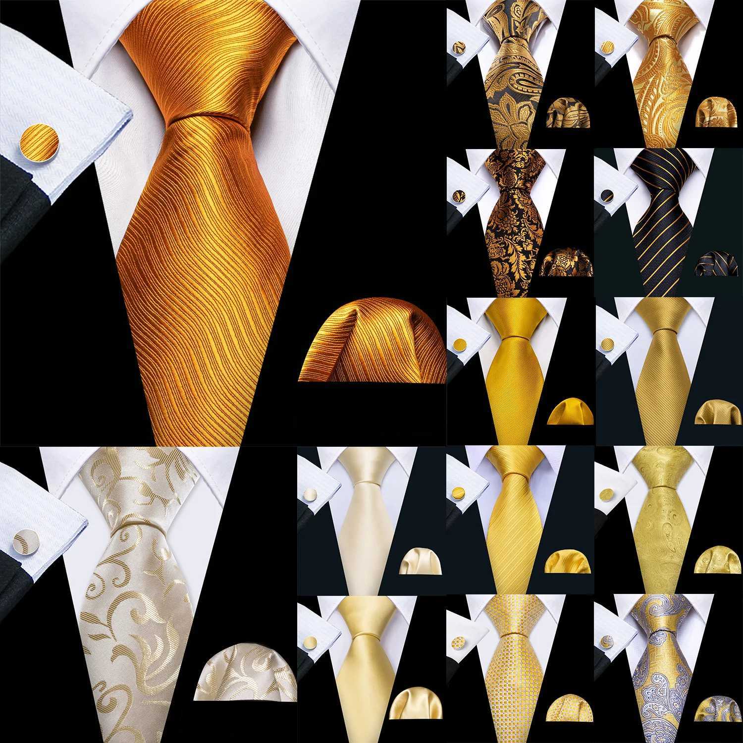 Barry. Gold Beige w Brown Tip Silk Men Tie Handkerchief Cufflink Set Jacquard Necktie for M Wedding Business Party X250407