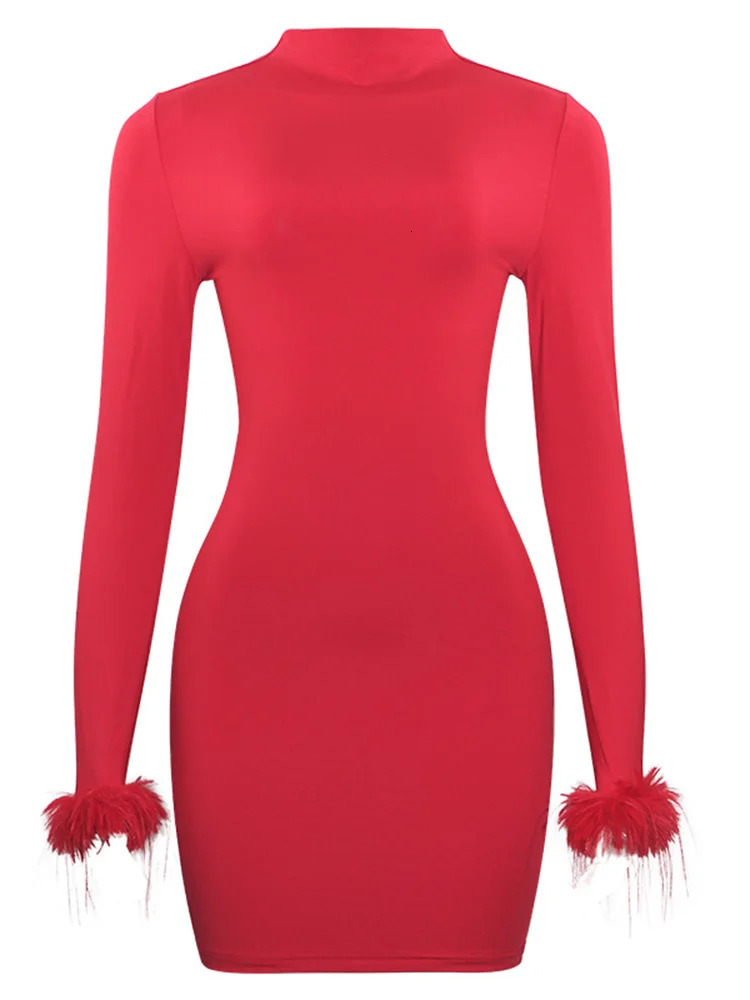 Weird cat feather patchwork dress womens autumn trend O-neck tight elastic classic solid streetwear long sleeved body 250402