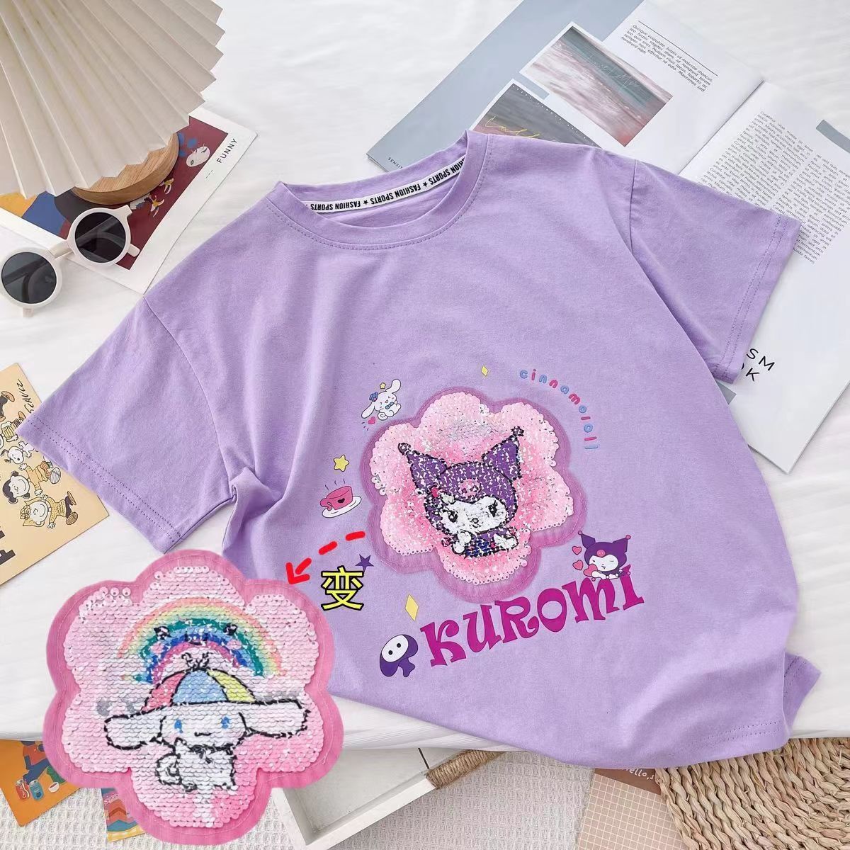 Ddmyshoesvip Short Sleeved Korean T Shirt Summer New Yugui Dog Color Change Kuromi Glitter Girls Internet Celebrity Top