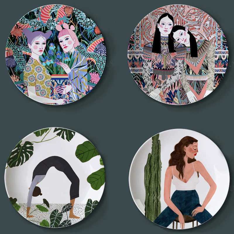 Female Art Printing Board Creative Plant Enthusiast Gift Decorative Plate Ceramic Round Girl Drawing Illustration Tray Swinging Board X250408