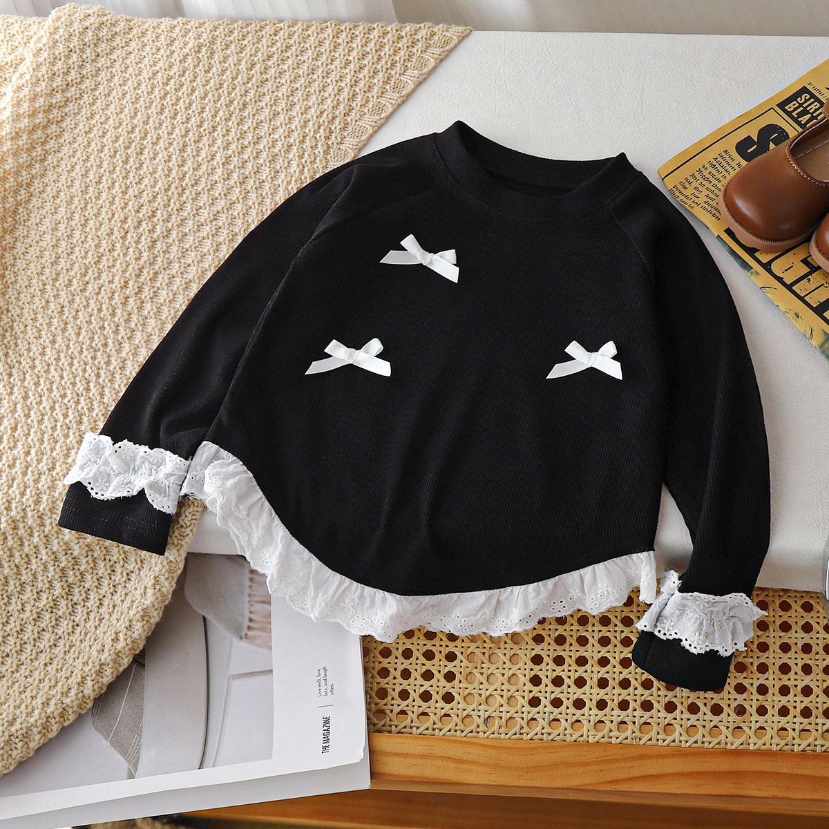 Ddmyshoesvip Girls Long Sleeved T Shirt New Style Bow Lace Western Korean Spring And Autumn Bottom Shirt Children S Clothing