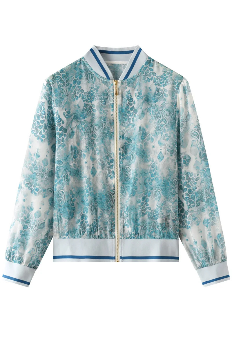100% Raspberry Silk Womens Jacket Round Neck Thin Style Open Hemp Print Sunscreen SpringSummer Collection 250407