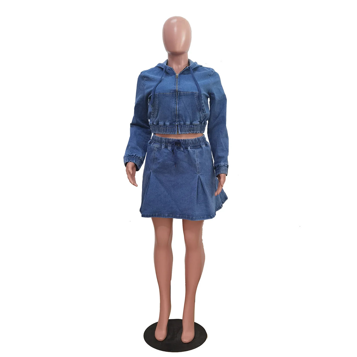 CM.YAYA Denim Women Set Street Long Sleeve Hooded Jacket and A-line Ball Gown Skirt Suits Two 2 Piece Jeans Set Summer Tracksuit 250408