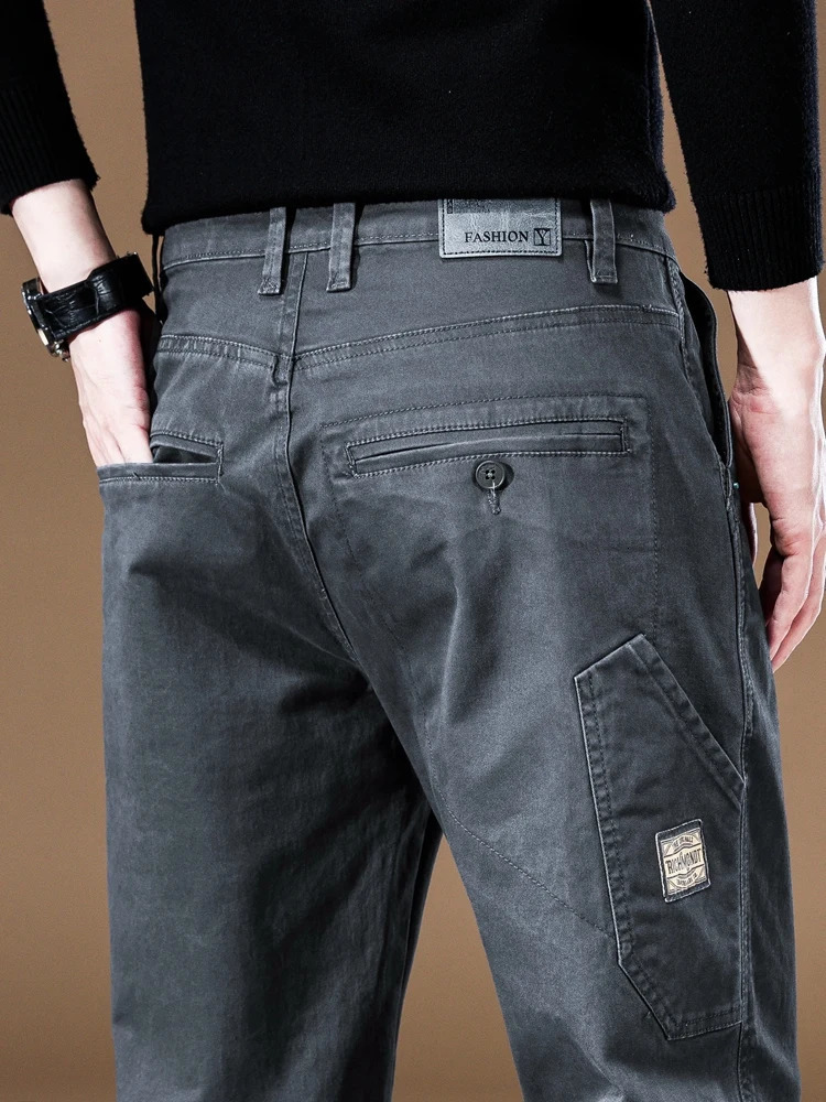 97% pure cotton mens cargo pants retro splicing work straight runner Trousers Fall loose casual brand khaki gray 250403