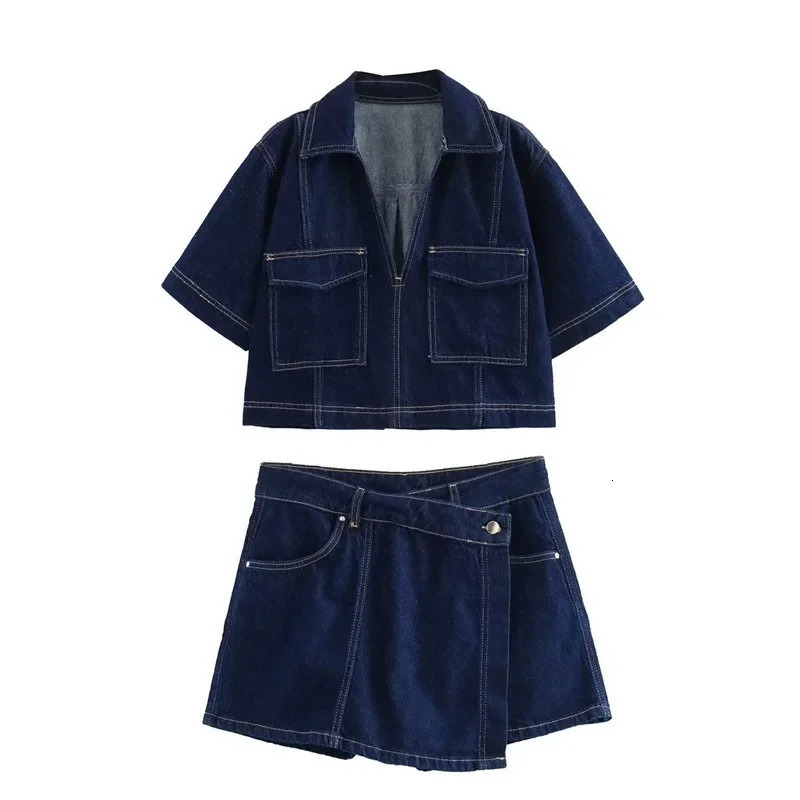 25 Summer Womens Short Denim Shirt Fashion Double breasted Denim Skirt and Pants Set European and American Womens Clothing 250408