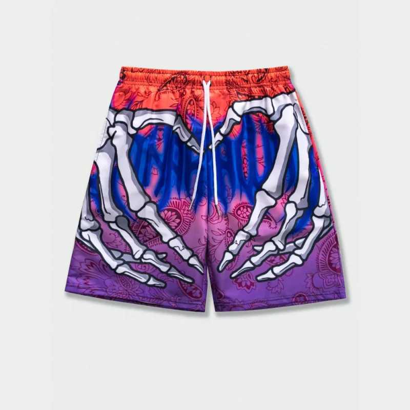 Trend skeleton hand drawn graphic beach shorts mens fashion cool summer 3D printed shorts loose streetwear hip-hop swim trunksXJ250407