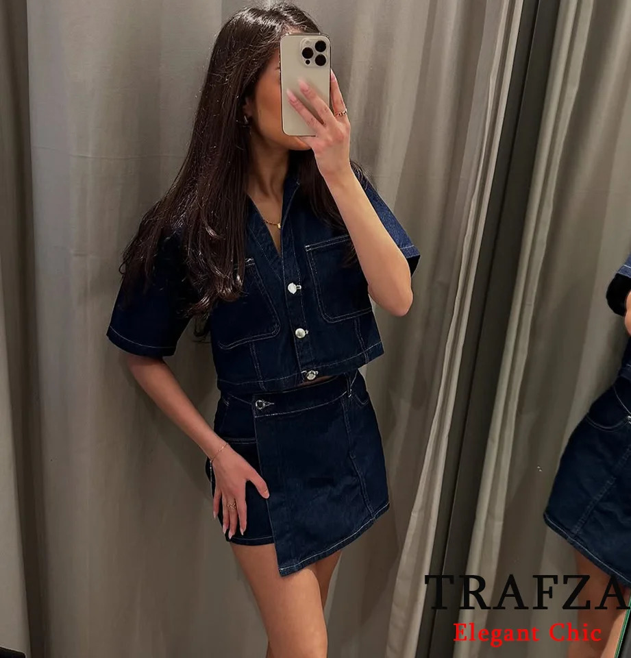 TRAFZA Women Casual Denim Set Lapel Buttons Shorts Shirts Asymmetrical Shorts Skirt 2025 Fashion Simple Daily Skort Set 250408