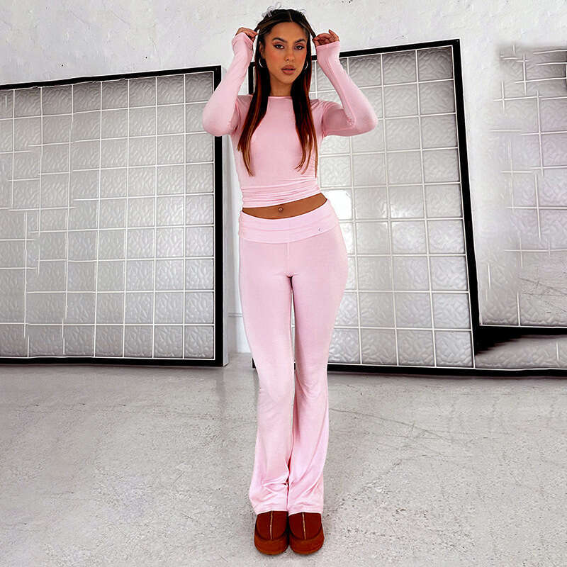 European American women's autumn winter clean color long sleeved fashionable pants two-piece set wholesale, 2025 new item, chic and elegant cloth