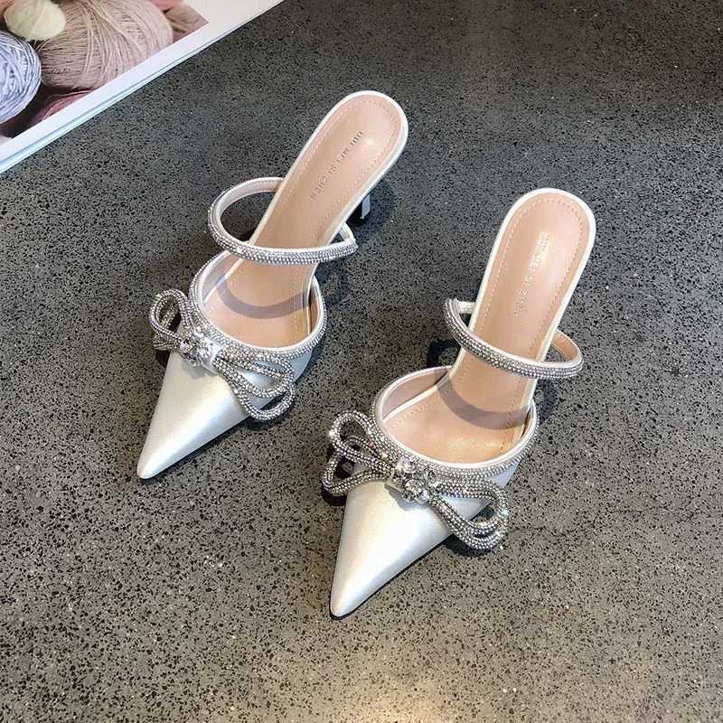 Simulated sandals and bows designed for women high heels narrow slides party bombs luxury wedding shoes summer fiXJ250407