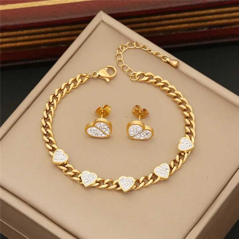316L Stainless Steel Jewelry Set Golden - Plated Cuban Link Chain Necklace Bracelet With Heart - shaped Cubic Zirconia Inlays Y250408