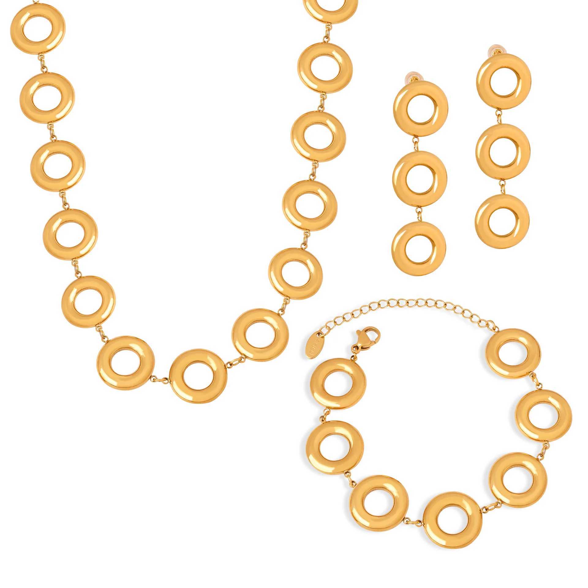 Luxury stainless steel necklace earring bracelet set womens round chain gold-plated pendant waterproof jewelry accessories Y250408