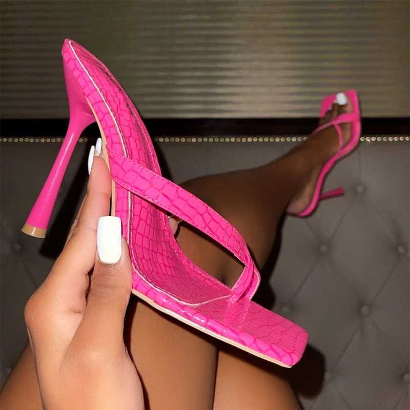 Pink printed high-heeled mule womens asymmetrical cross strap sandals womens sliding open heel slim high-heeled pump sexy party shoesXJ250407