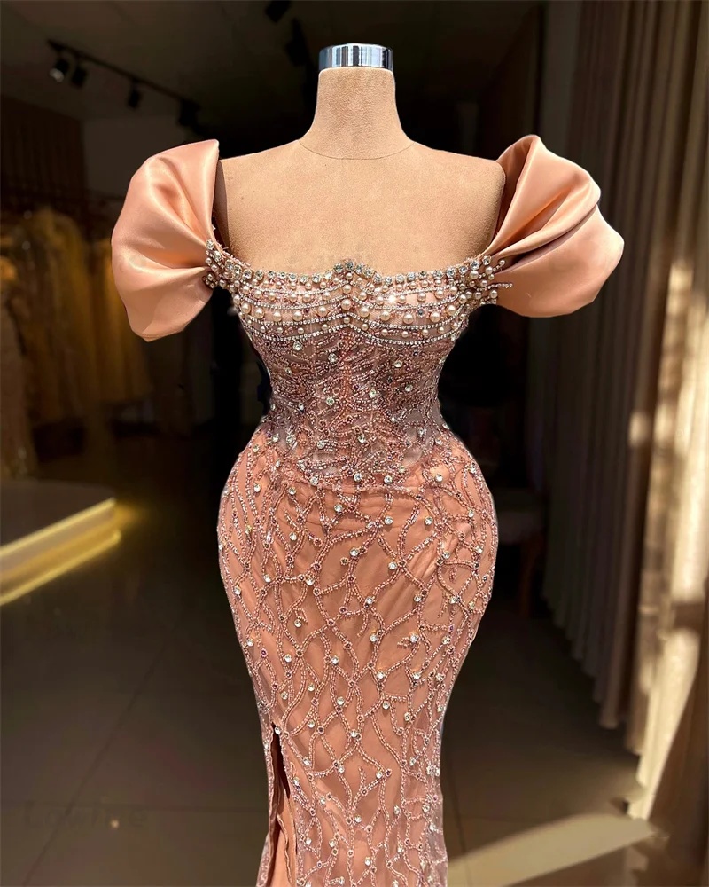 Fashion Evening Dresses Off Shoulder Strapless Gown Pearls Crystal Beaded Sweep Train Dress Party Customized Dress
