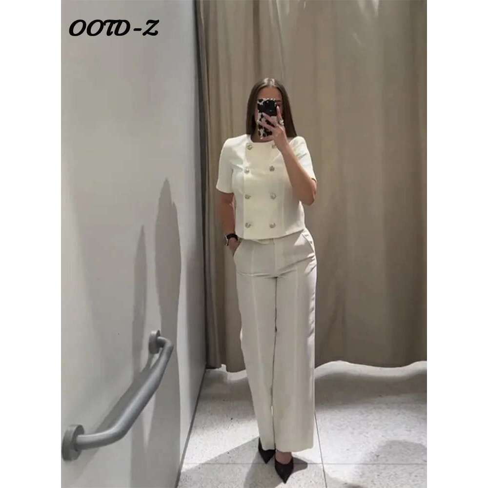 Elegant Solid Two Piece Sets Women Short Sleeve O-Neck Single Breasted Vests Wide Leg Pants Suit Lady Fashion High Street Outfit