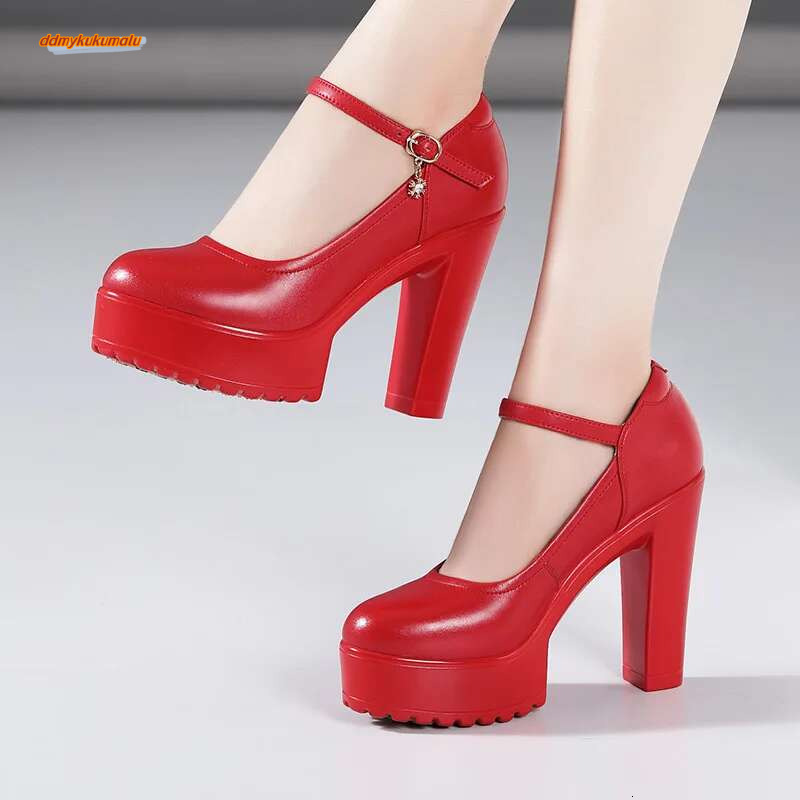 Cowhide High Heel With Heels Platform Mary Jane Women Pumps Office Work Shoe Women's Wedding Shoes 32-43 #ddmykukumalu ddmykukumalu