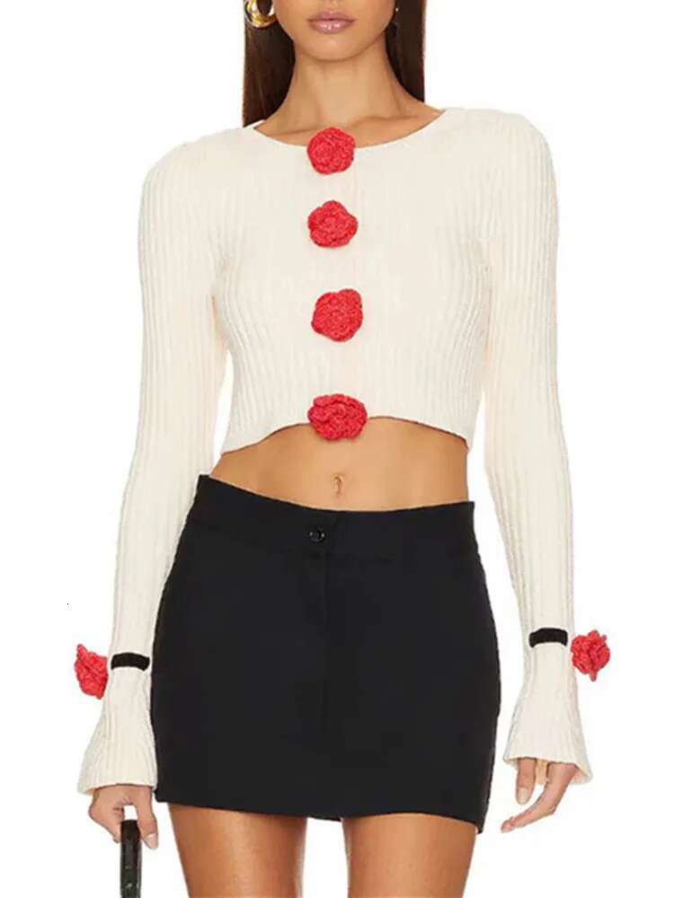 2025 Spring Women Knit Set Three-Dimensional Rose Long Flared Sleeve Sweater Cardigan Or Elastic Waist Ultra Short Skirt Suit